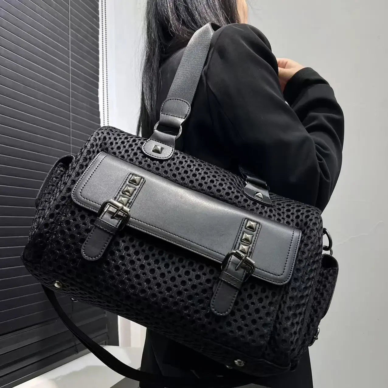 PU Leather Y2K Punk Wide Shoulder Bag — Black | KIMLUD