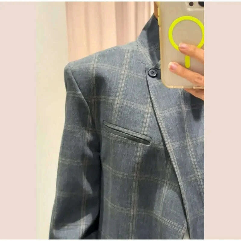 KIMLUD, Women Irregular Plaid Blazer Jacket Fashion Stand Collar Full Sleeve Split Loose Short Coat 2025 Female Daily Commute Outerwear, KIMLUD Womens Clothes