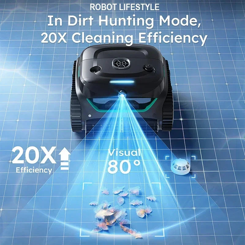 Robot Swimming Pool Cleaner Wireless C2V APP AI Vision Self-Learning Visual 80° Dual-layer Filtration 180mins Running Time 200㎡