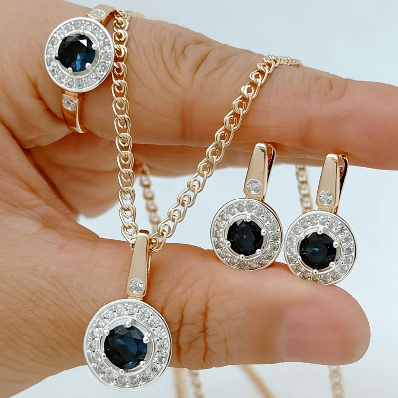 Natural Zircon Jewelry Set Ring Earrings Necklace — Blue | KIMLUD