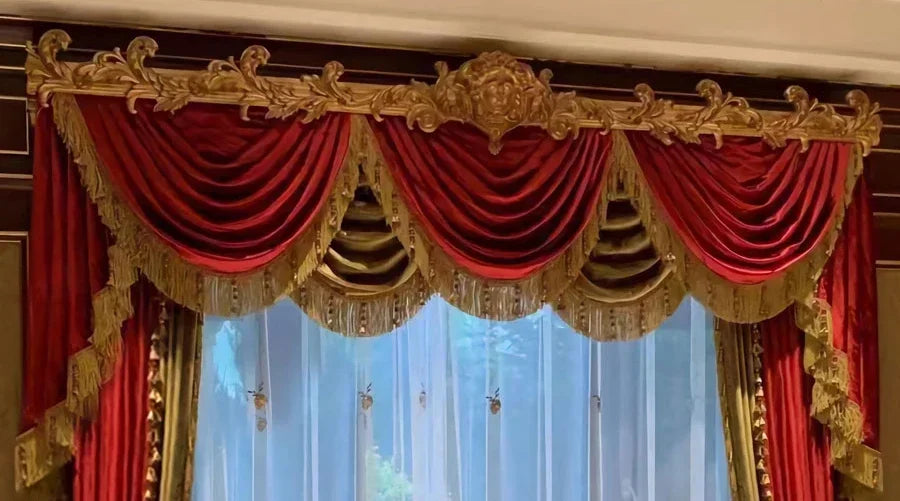 Gold Red Embroidered Window Screen Velvet Splicing Thickened Curtains for Living Room Bedroom French Balcony Villa Valance