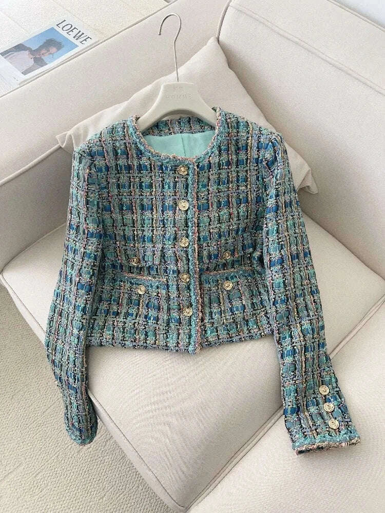 KIMLUD, 2025 New French Lady Blue Green Tweed round Neck Single Button Small Fragrance Style Jacket Vest Dress Set Casual Suit, KIMLUD Womens Clothes
