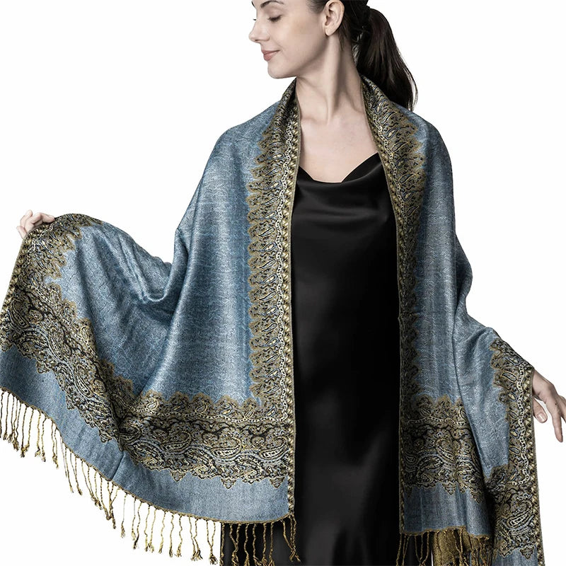 Cashmere Pashmina Shawl With Autumn Print Design, Olive Accents And Gold-Toned Fringe — Red | KIMLUD