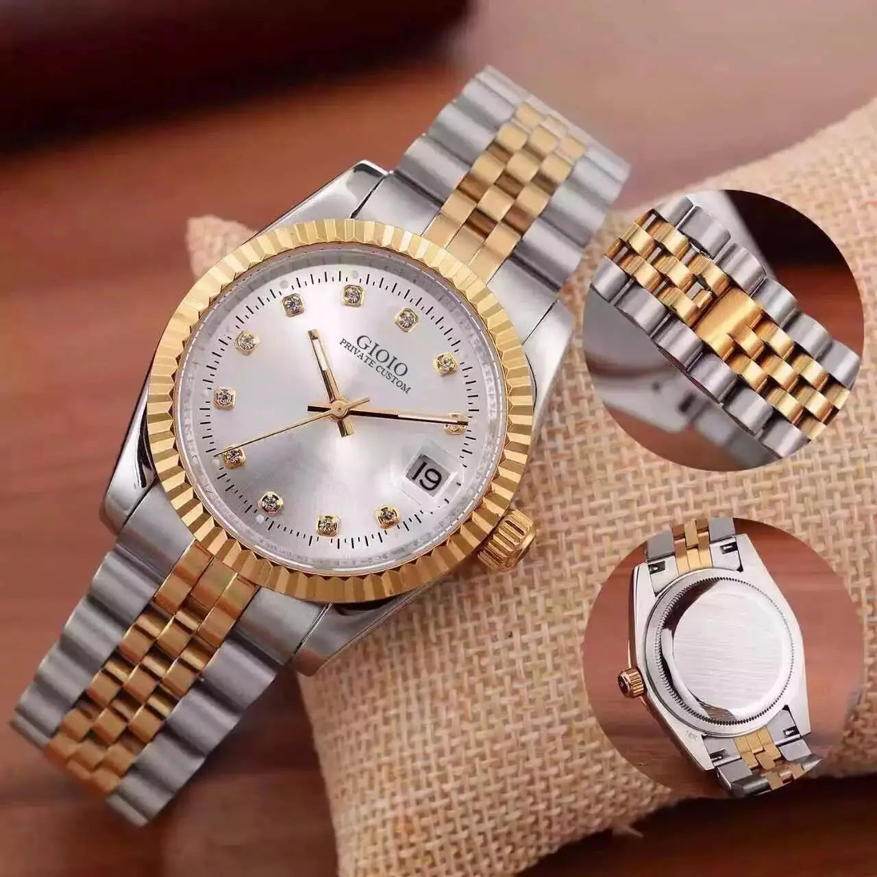 Two-Tone Stainless Steel Watch Diamond Hour Markers — Silver and Gold | KIMLUD