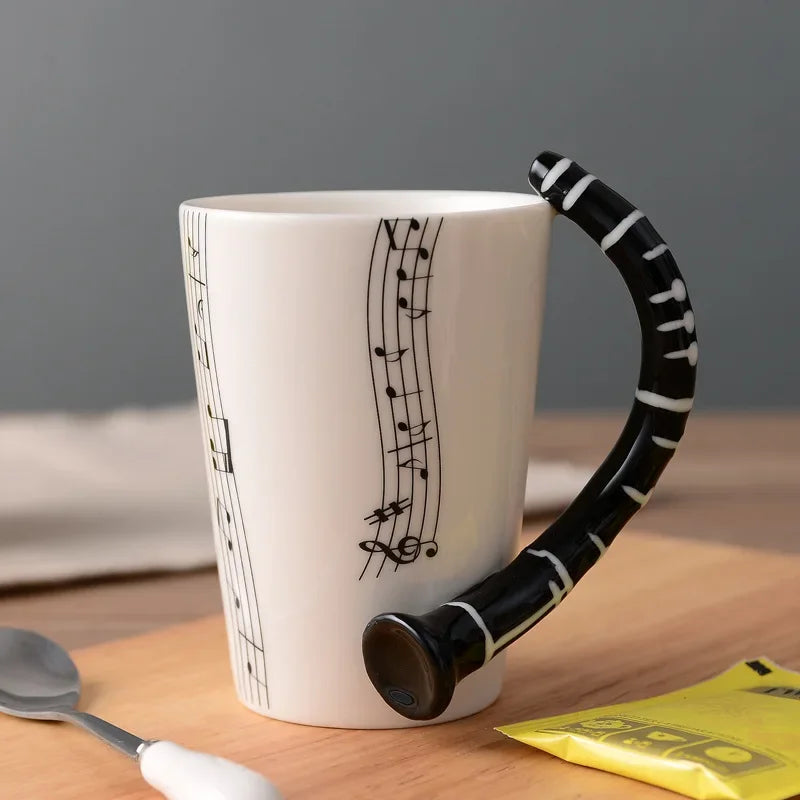 Bone China Mug With Music Note Motif And Delicate Guitar Handle — White | KIMLUD