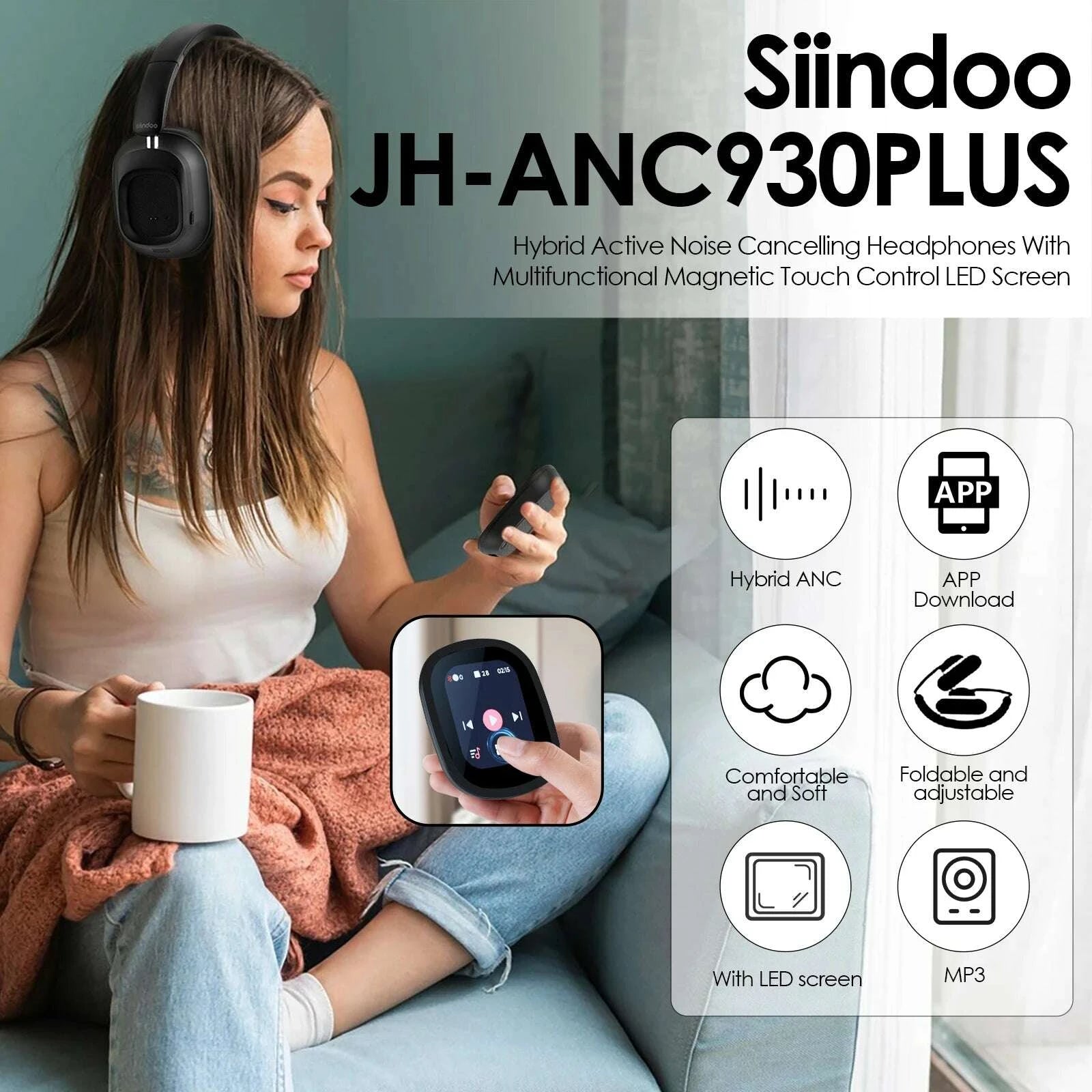 KIMLUD, Siindoo NEWEST ANC930Plus Hybrid ANC Wireless Headphone, With Multi Magnetic Touch Control LED Screen AND APP Download 1GB MP3, KIMLUD Womens Clothes