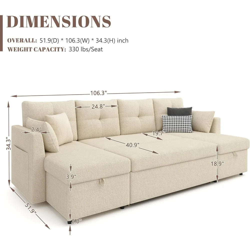 Microfiber Sleeper Sofa 2-In-1 With Storage Chaise — Beige | KIMLUD