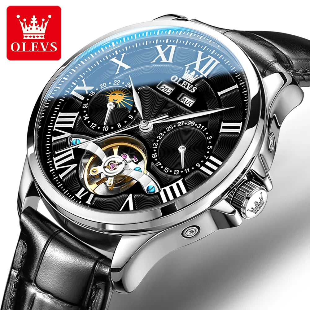 Moon Phase Skeleton Watch Leather Strap — Silver | KIMLUD