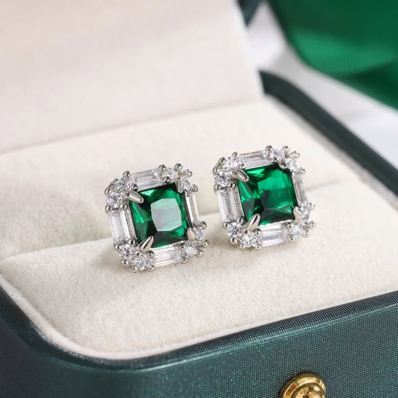 Sterling Silver Geometric Stud Earrings AAAA Zircon — Green | KIMLUD