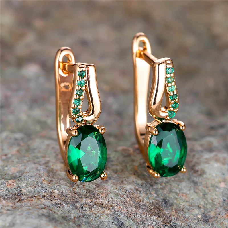 Zircon Stone Oval Hoop Earrings Small Ear Buckle — Green | KIMLUD