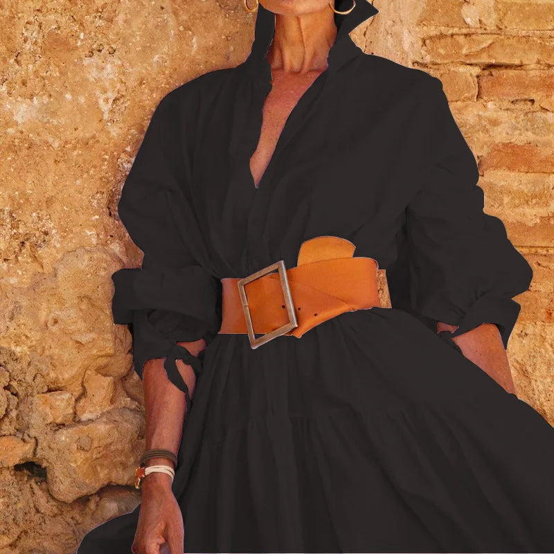 A-Line Midi Dress – Long Sleeve V-Neck – High Waist Button Detail | KIMLUD