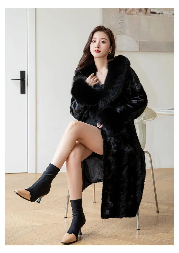 Women's Long Thickened Oversized Fox Fur Collar Warm Genuine Mink fur Coat Fashion New high quality Real Fur Coat