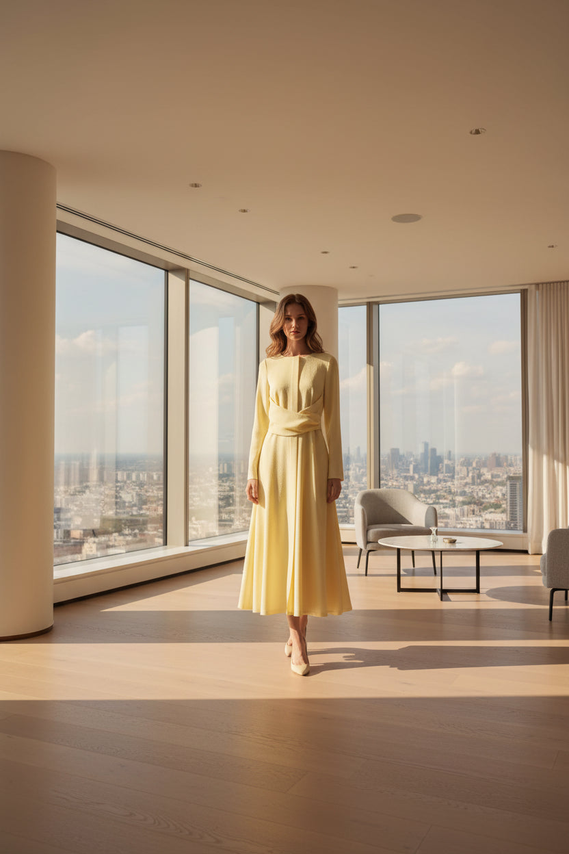 Pleated A-Line Dress Long Sleeve — Yellow | KIMLUD