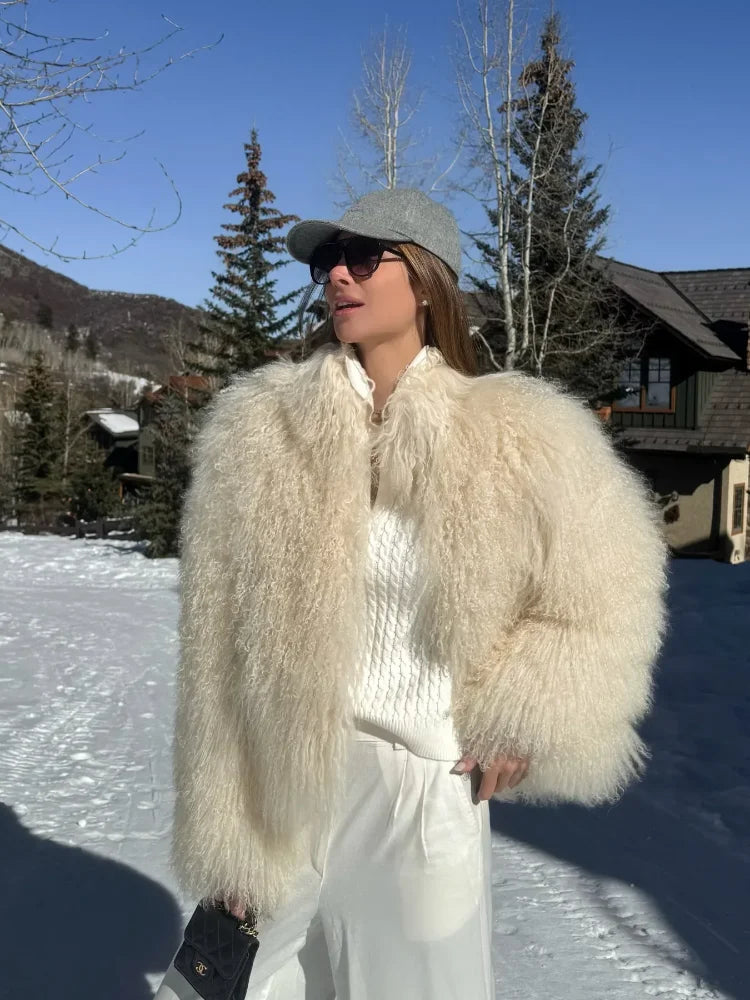 Casual Creamy-white Thick Faux Fur Short Coat Women Long Sleeve Turn Down Collar Warm Soft Jacket Female Winter Daily Outerwear