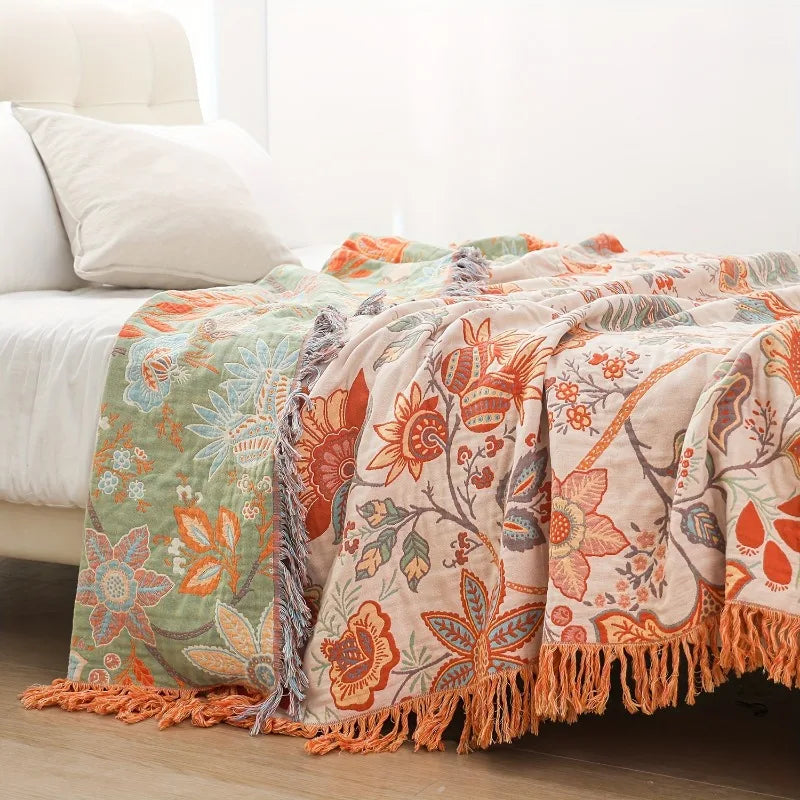 Pure Cotton 4 Layer Gauze Towel Blanket Floral Motif — Cream-Ivory | KIMLUD