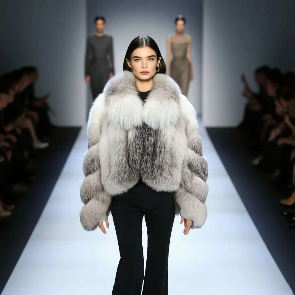 KIMLUD, Women Genuine Natural Golden Island Fox Fur Coat with fox fur collar For Winter Fashion Short Jacket, KIMLUD Womens Clothes