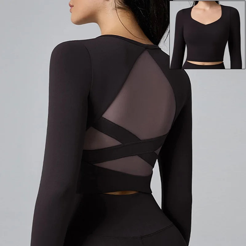 Yoga Shirt – Breathable – Long Sleeve Crop Top – Black | KIMLUD