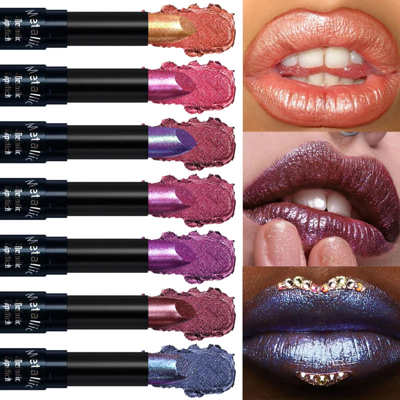 Diamond Pink Lipstick Metallic Glitter Lipstick Waterproof Shiny Pearlescent Dark Blue Red Matte Lip Gloss Halloween Lips Makeup