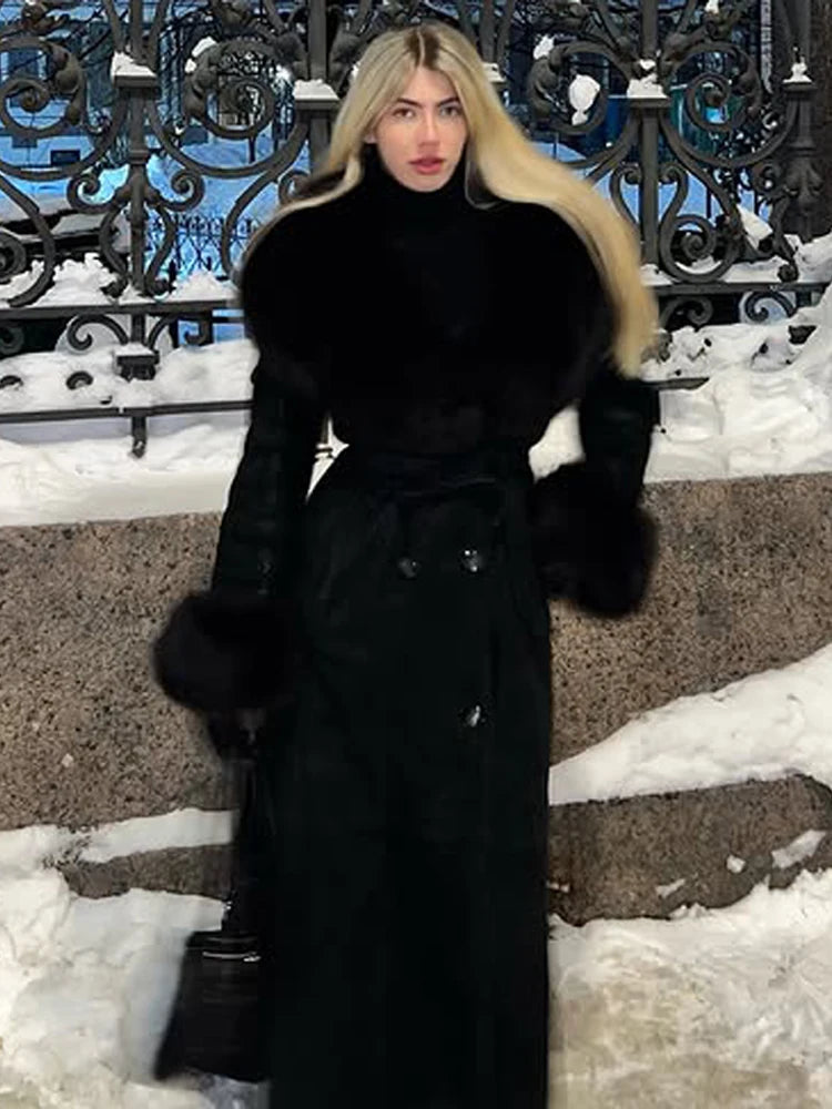 Fur Collar Coats For Woman Belt Long Jackets Winter Outwear Vintage Black Coat Double Breasted Tops Warmed Casual Lady Clothes