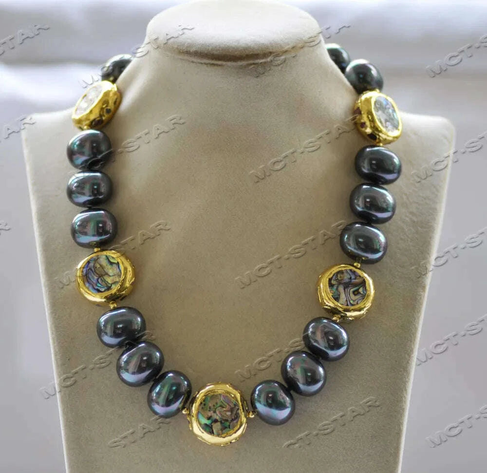 KIMLUD, Z12723 18" 25mm Abalone Shell Gold-Plated Peacock-Black White Egg South Sea Shell Pearl Necklace, KIMLUD Womens Clothes
