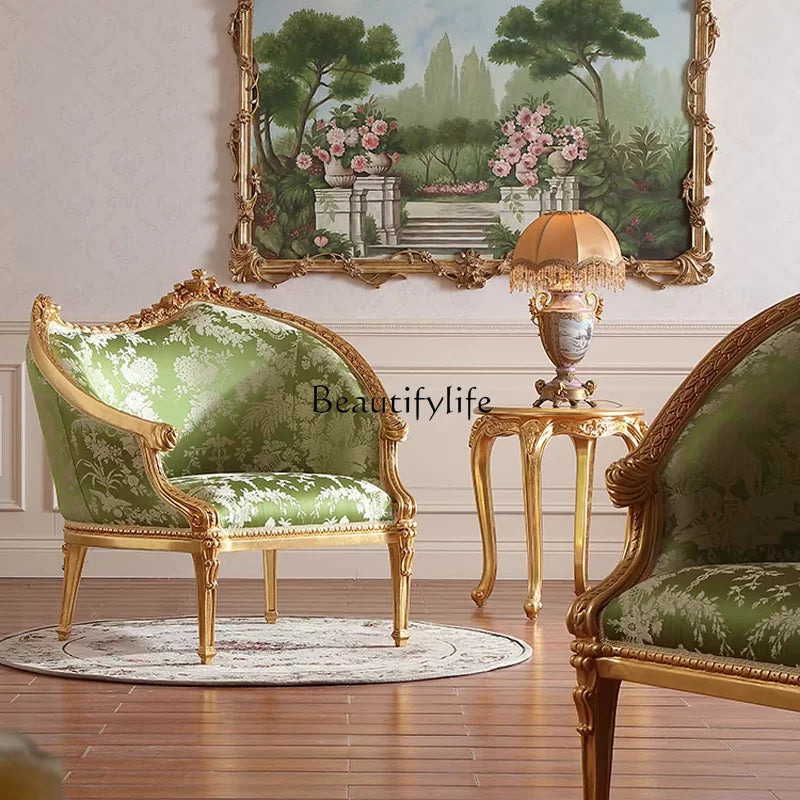 *French retro solid wood carving flower sofa chair European villa living room fabric leisure chair