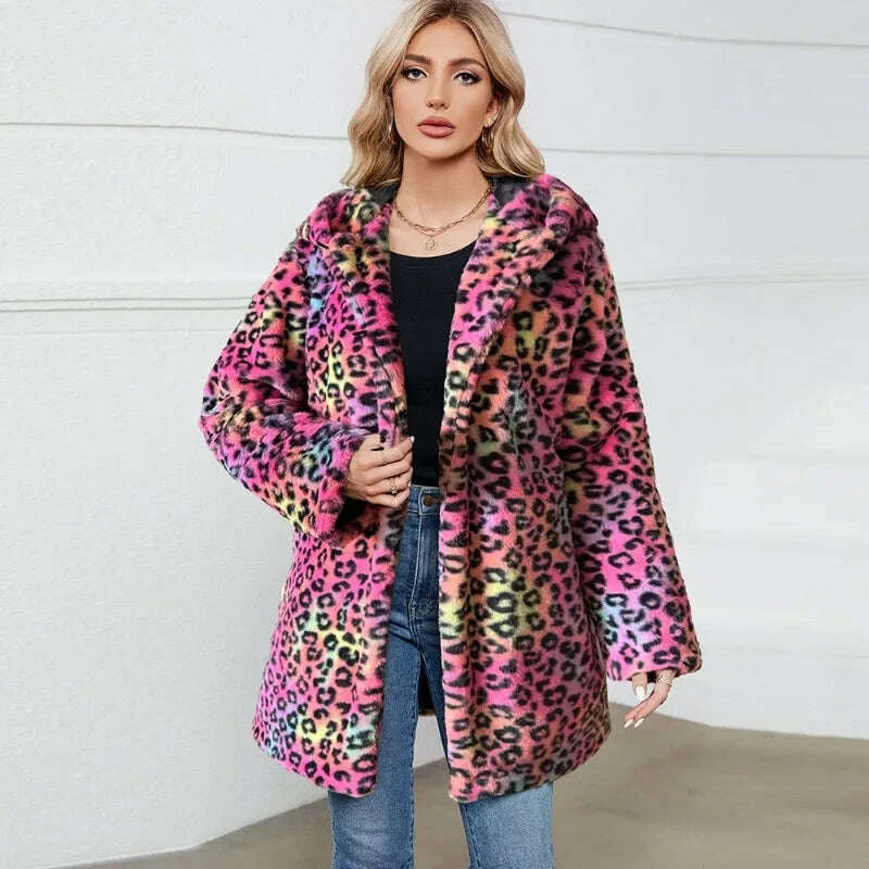 KIMLUD, ZXRYXGS 2025 New Fashion Autumn Winter Coats Loose Medium Length Jackets Leopard Print Imitation Fur Coat Women's Clothing Tide, KIMLUD Womens Clothes