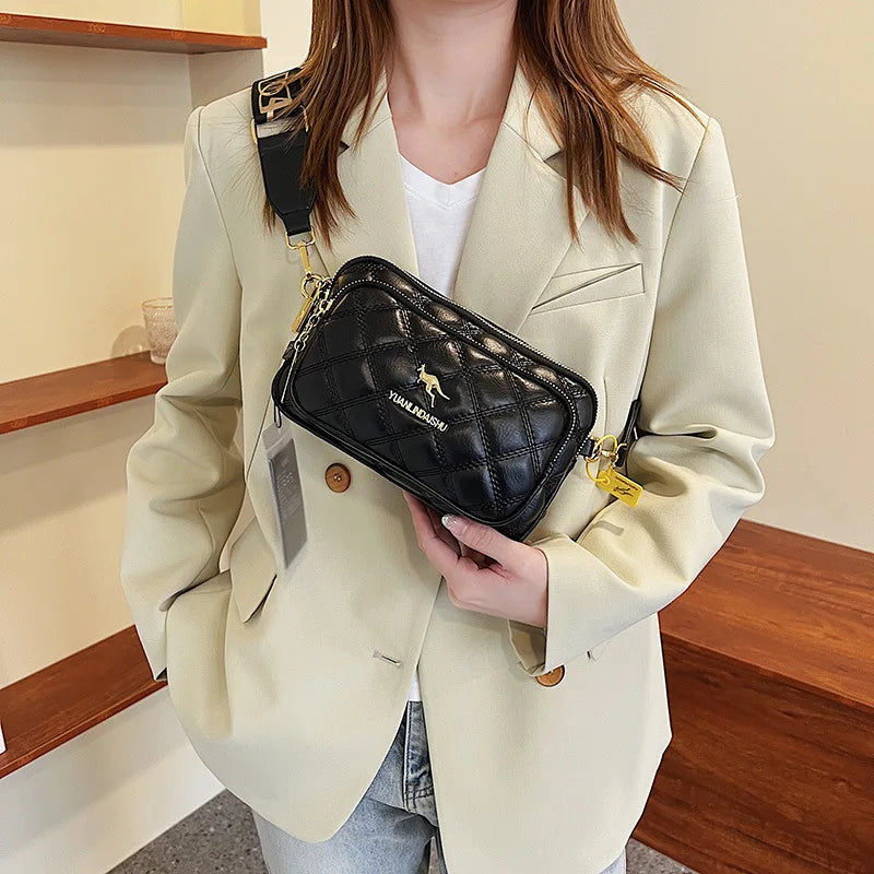 Leather Crossbody Bag Argyle Pattern With Multiple Pockets — Black | KIMLUD