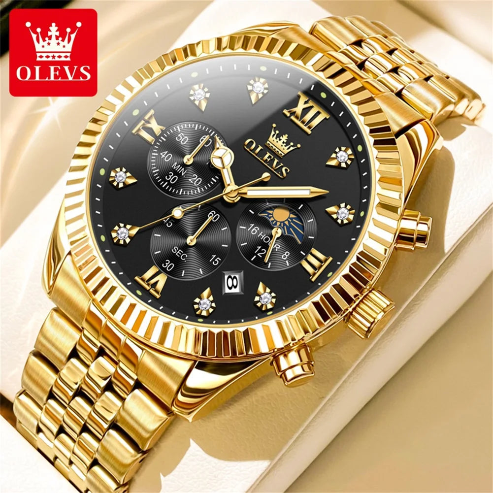 OLEVS 2932 Men's Luxury Watch Fashion Multi functional Waterproof Lunar Phase Chronograph Code Watch High end Brand Quartz Watch