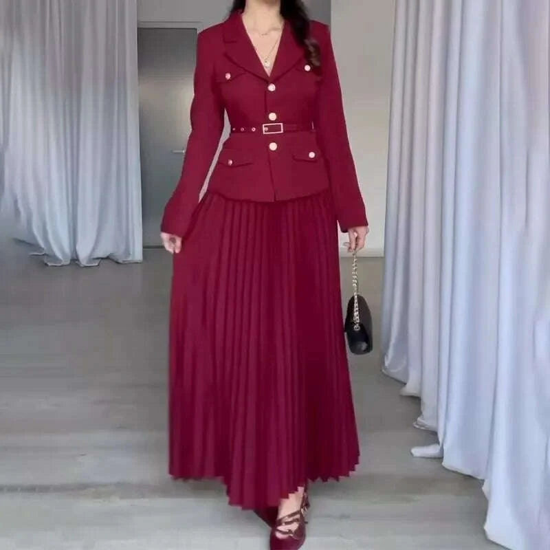 KIMLUD, Elegant Women Two Pieces Set Single-breasted Lapel Jacket Coat Belt Pleated Midi Skirt Suit 2025 office Lady New In Matching Set, KIMLUD Womens Clothes