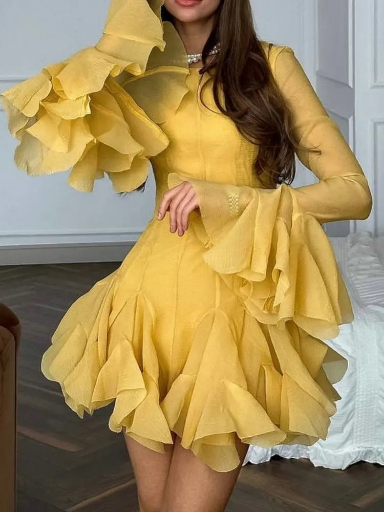 2026 Summer Women's Elegant Multi-Layered Ruffled Hem Mini Dresses Lady Sweet French Style Long Flare Sleeve Slim Fit Puffy Robe