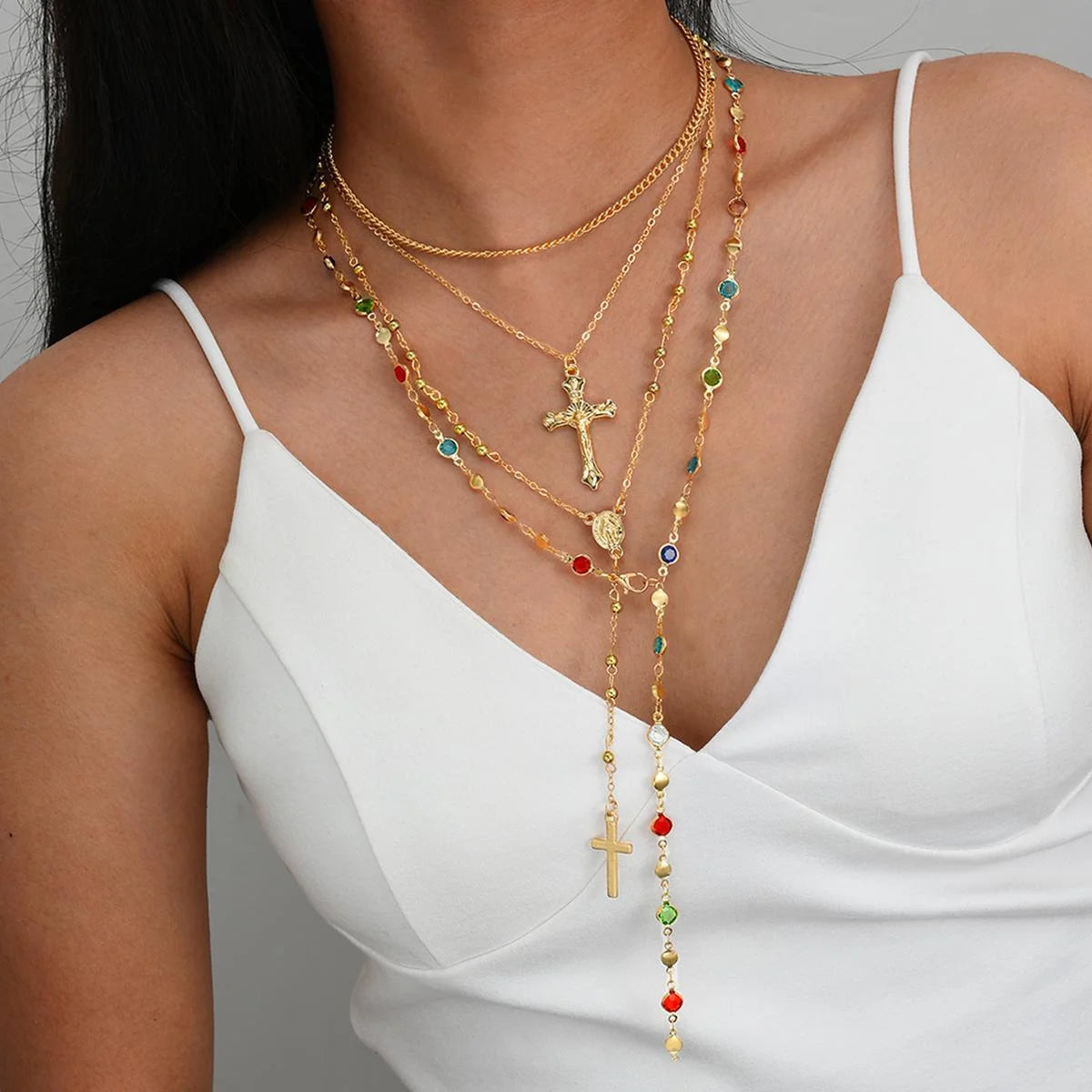 4Pcs/Set Simple Jesus Cross Pendant Choker Necklace for Women Trendy Colorful Crystal Chain Christian Daily Wear Jewelry Gifts