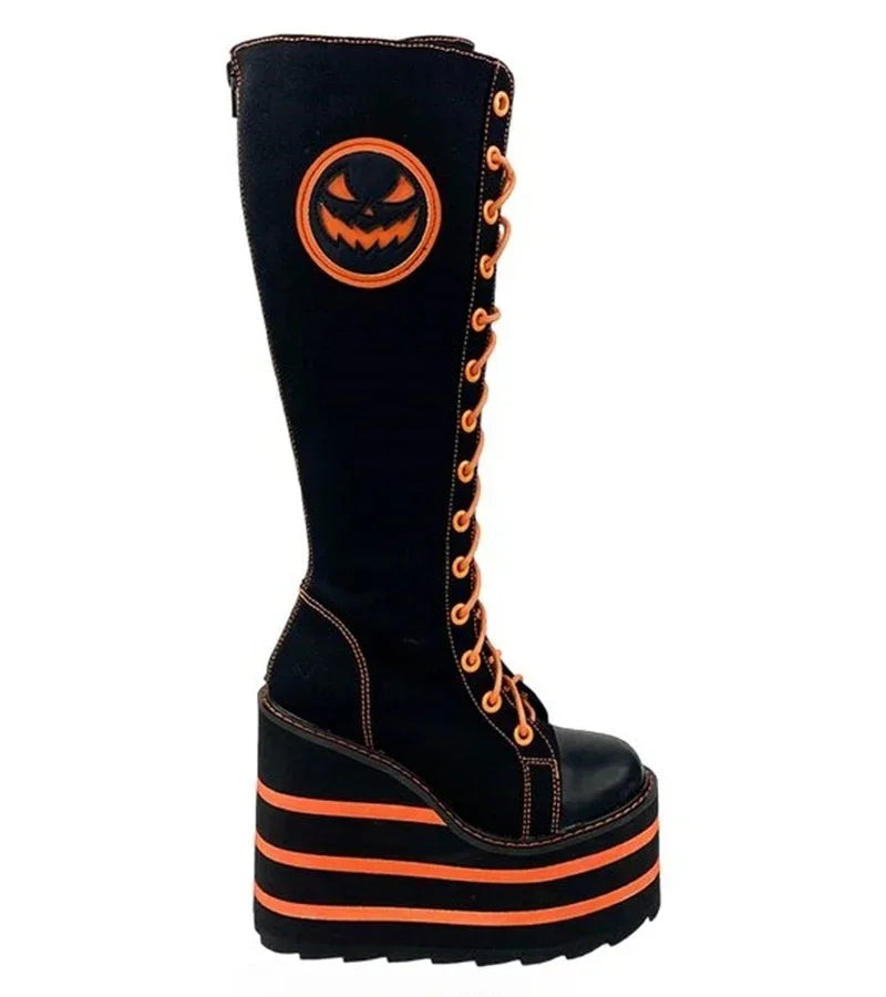 Canvas red Check Platform Knee high Boots Women Metal Chain Round Toe Wedges Cross Tied Lolita Heighten Shoes Lovely Sexy Boots