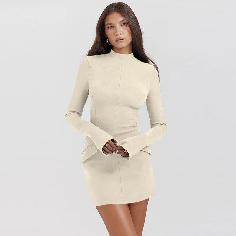 Sculpted Matte Polyester Bodycon Mini Dress With Long Sleeves For Desk To Dinner — Black | KIMLUD