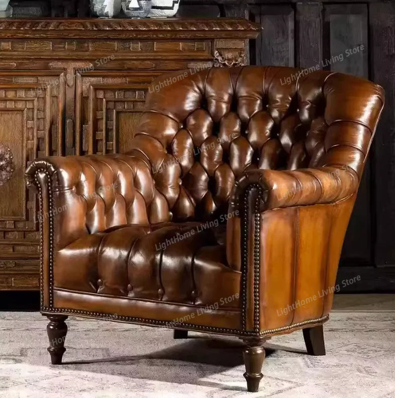 Genuine Leather Living Room Chair — Cognac Brown | KIMLUD