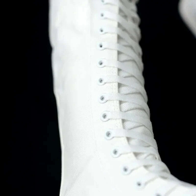 KIMLUD, Canvas Long Boots for Women High Top Women Canvas Shoes Lace Up Knee High Boots Flats Casual Vulcanized Shoes Sneakers Girls, KIMLUD Womens Clothes