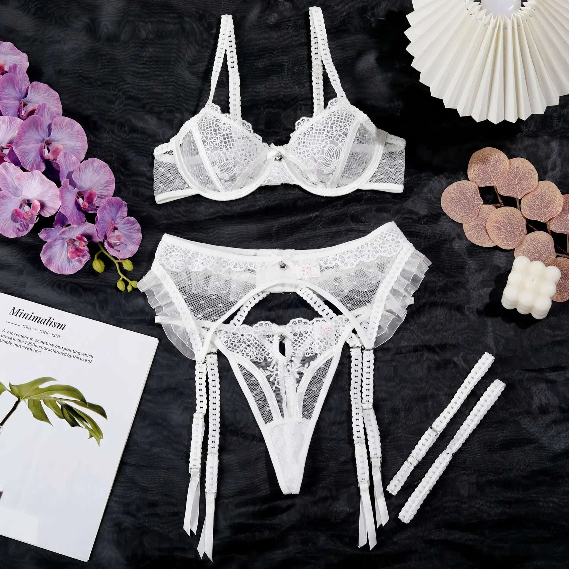 KIMLUD, Ellolace Romantic Lingerie Sexy Women Beautiful Boudoir Bra Belt Thong 3PC Set Pure See Through Dot Embroidery Wedding Underwear, KIMLUD Womens Clothes