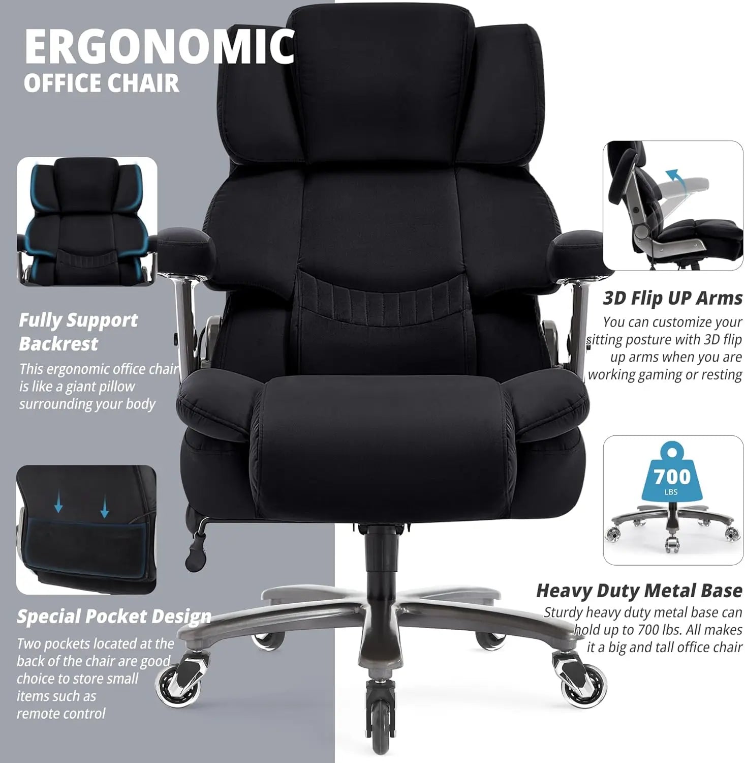 KIMLUD, Big & Tall Office Chair 700lbs, High Back Executive Cloth Chair with Adjustable Lumbar Support, 3D Arms, Plus Size Rubber Wheels, KIMLUD Womens Clothes