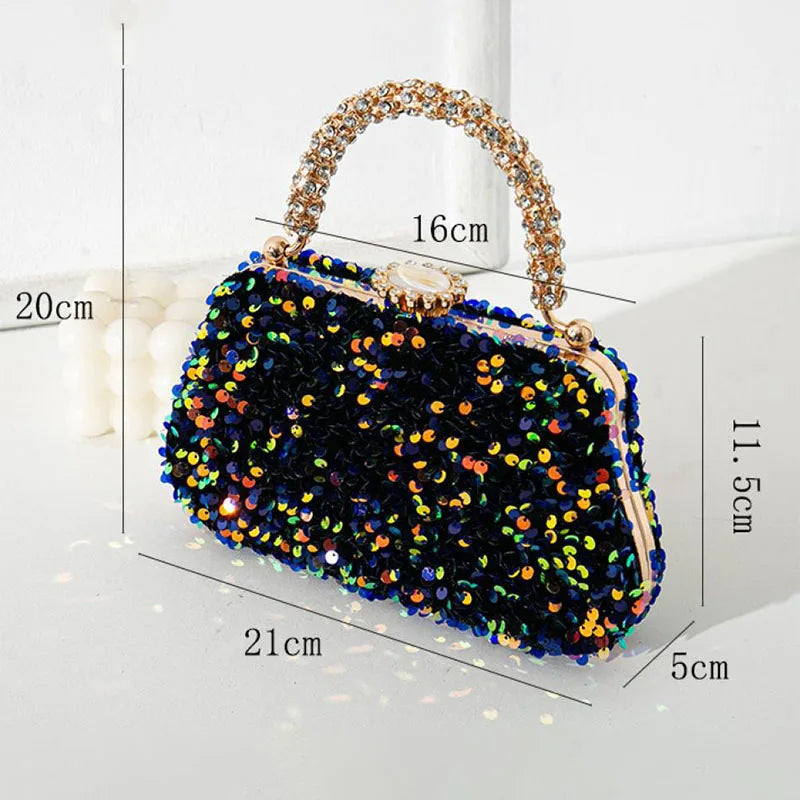Sequined Evening Handbag Rhinestone Top Handle — Red | KIMLUD