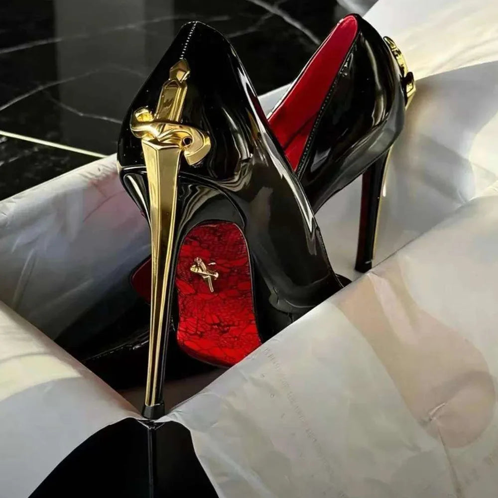 Super Fiber Leather High Heels Power-Sword Snake-Patterned — Red | KIMLUD
