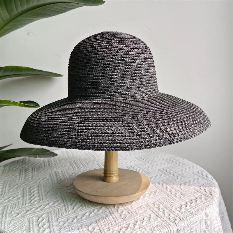 Straw Hepburn Sun Hat Wide Brim Foldable — Natural | KIMLUD