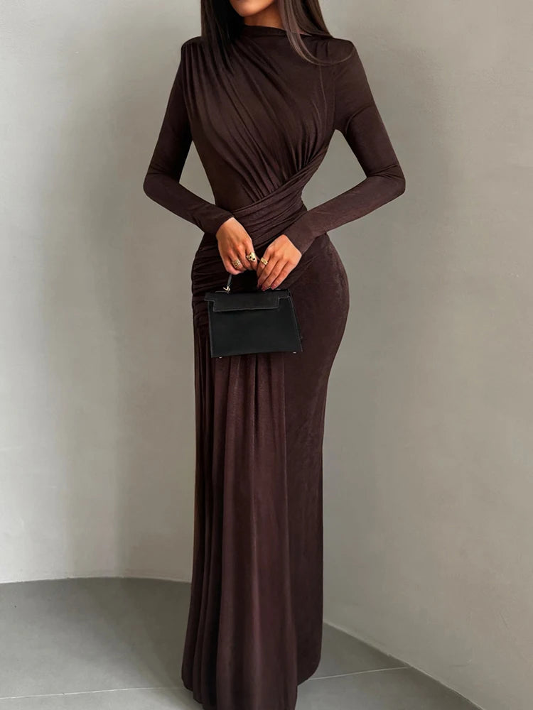 Kliou Ruched Elegant Long Dress Woman Autumn Trend o-Neck Full Sleeve Skinny Stretch Street Y2K Casual Style Classic Vestidos