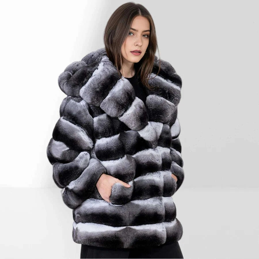 KIMLUD, Women's Winter Jacket Real Rex Rabbit Fur Jacket With Hood Chinchilla Color Fur Coat High Quality Genuine Leather Jackets, KIMLUD Womens Clothes