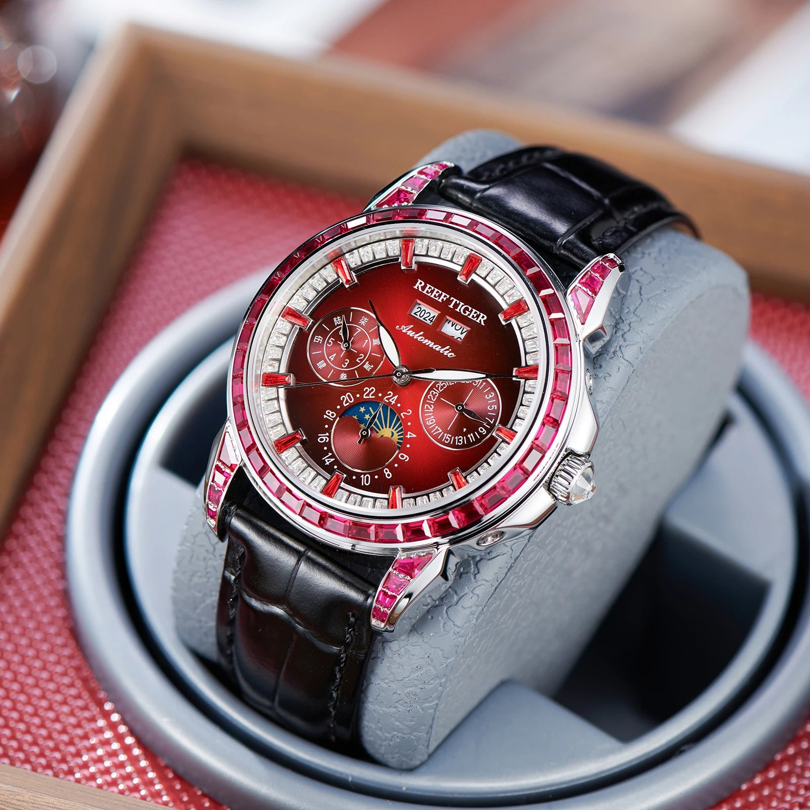 Moonphase Automatic Leather Watch Rainbow Diamond Bezel — Ruby Red | KIMLUD