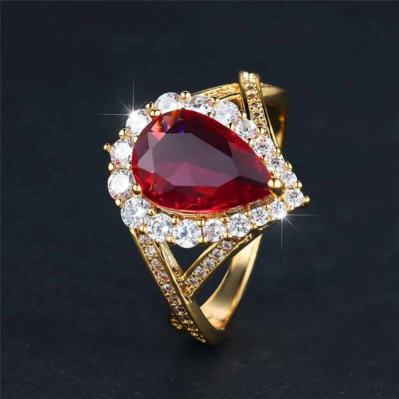 KIMLUD, Luxury Female Red Water Drop Zircon Stone Engagement Ring Trendy Gold Color Bride Wedding Jewelry Gift For Women, KIMLUD Womens Clothes