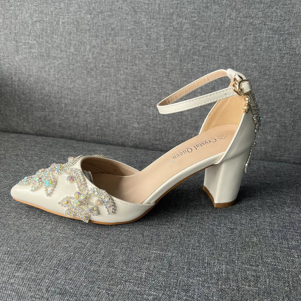 PU Sandals Rhinestone Flower Embellished Square Heel — White | KIMLUD