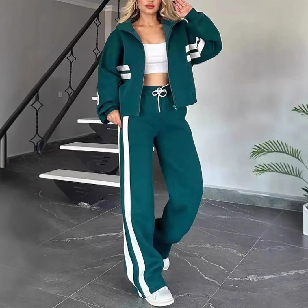 Laminated Striped Two-Piece Tracksuit Set — White | KIMLUD