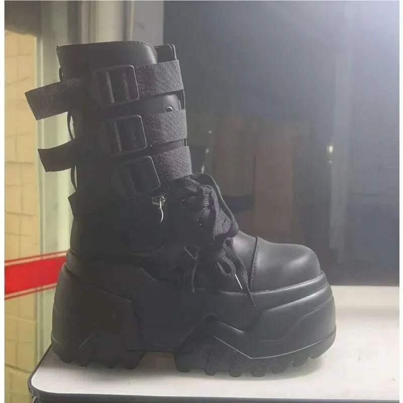 KIMLUD, Women Ankle Booties Autumn Leather Chunky Shoes Woman High Platform Breathable Sneakers 9CM Thick Sole Wedges Motorcycles Boots, KIMLUD Womens Clothes