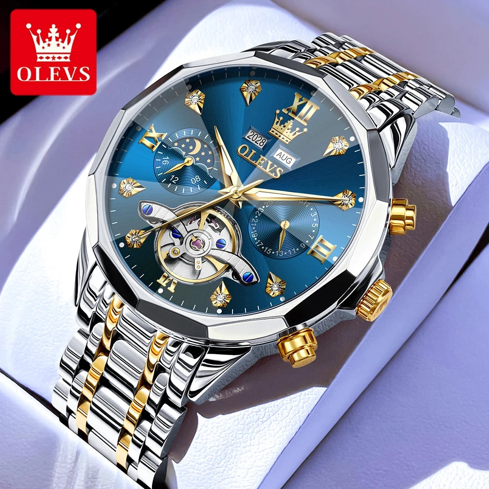 OLEVS Original Brand Men's Watches Skeleton Luminous Moon Phase Automatic Mechanical Watch Prism Mirror Fashion Top Wristwatch
