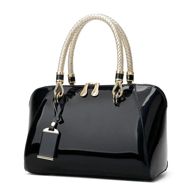 Shiny Faux Leather Boston Bag Deluxe — Ivory | KIMLUD