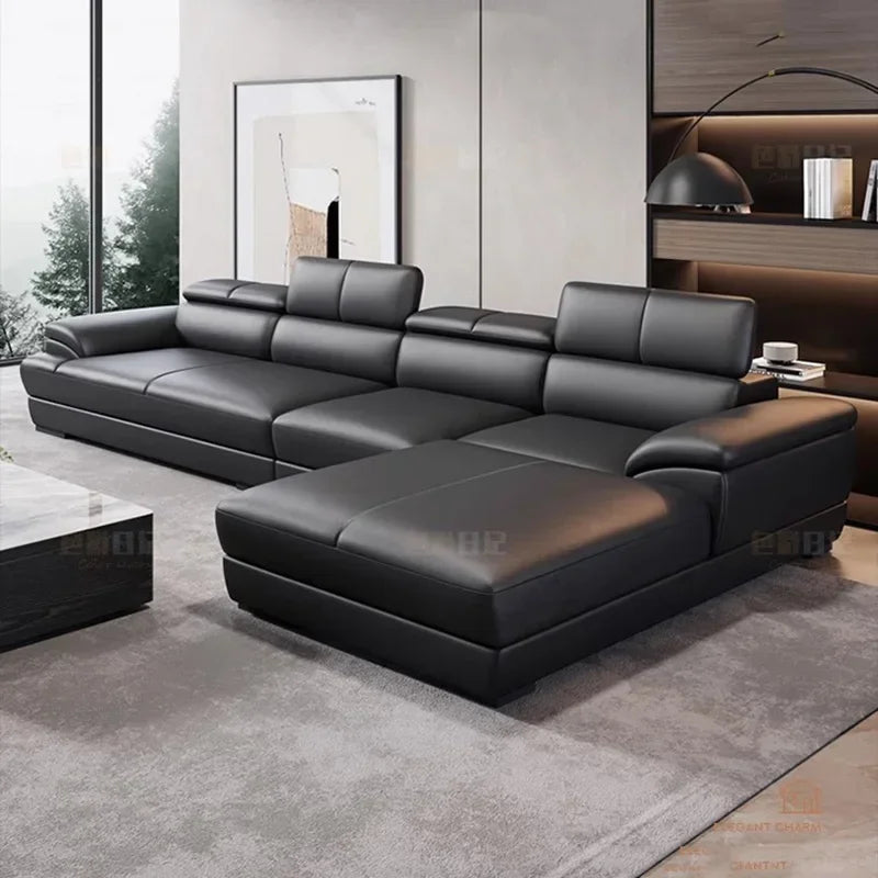 Minimalist Sectional Sofa Modular Design With Cowhide Accents — Charcoal Black | KIMLUD